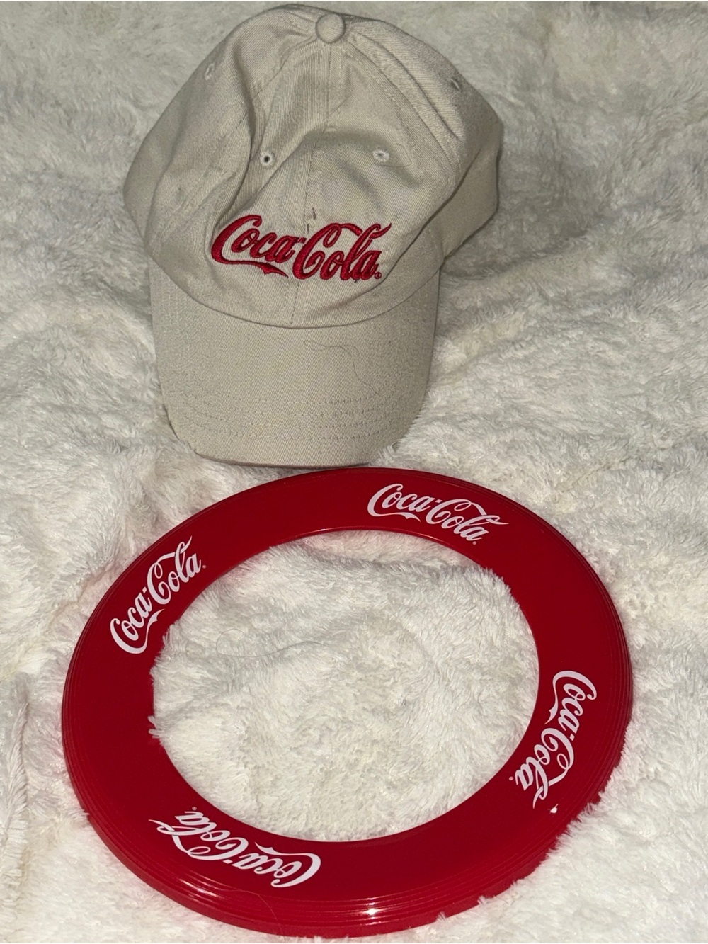 Coca-Cola Beige Cap with Red Script Logo and Red Branded Flying Disc